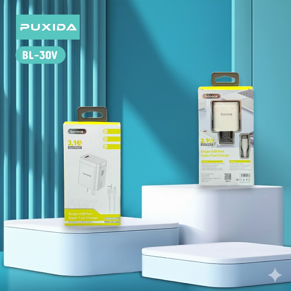 CARGADOR BONOCE USB + CABLE USB A MICRO - CARGA DE 3.1A BL-30V